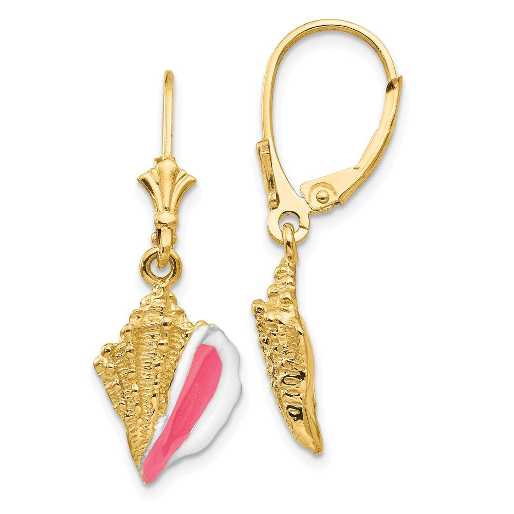 14k Yellow Gold Enameled Conch Shell Leverback Earrings