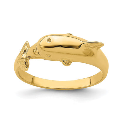 14K Yellow Gold Dolphin Ring with Nose at Center of Tail Ring