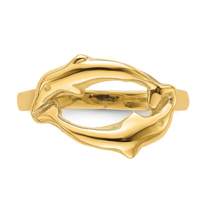 14K Yellow Gold Double Dolphin Circle Ring