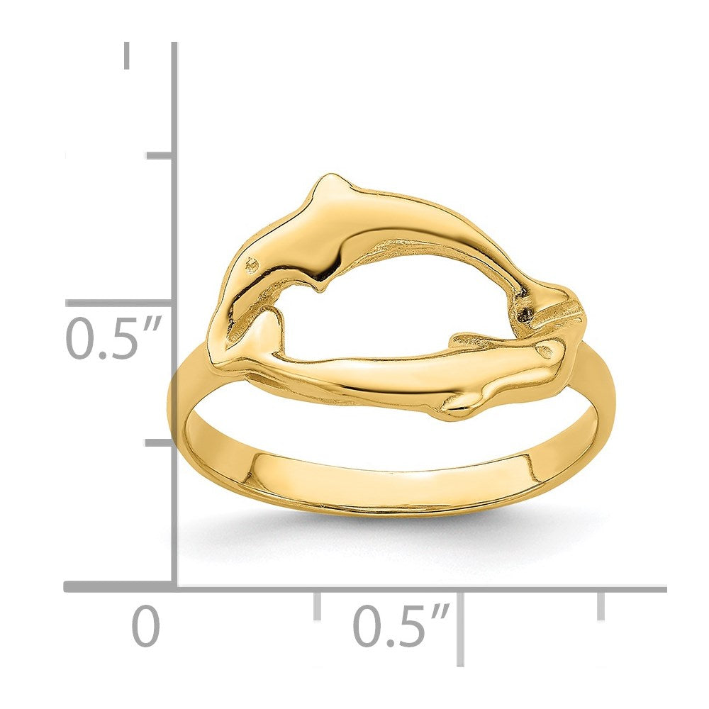 14K Yellow Gold Double Dolphin Circle Ring