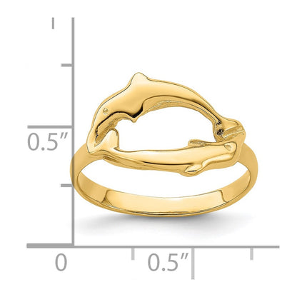 14K Yellow Gold Double Dolphin Circle Ring