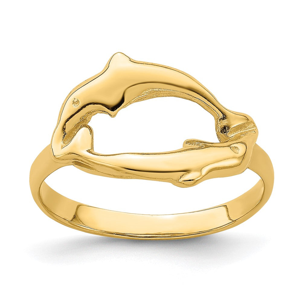 14K Yellow Gold Double Dolphin Circle Ring