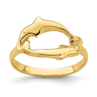 14K Yellow Gold Double Dolphin Circle Ring