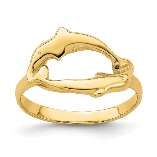 14K Yellow Gold Double Dolphin Circle Ring