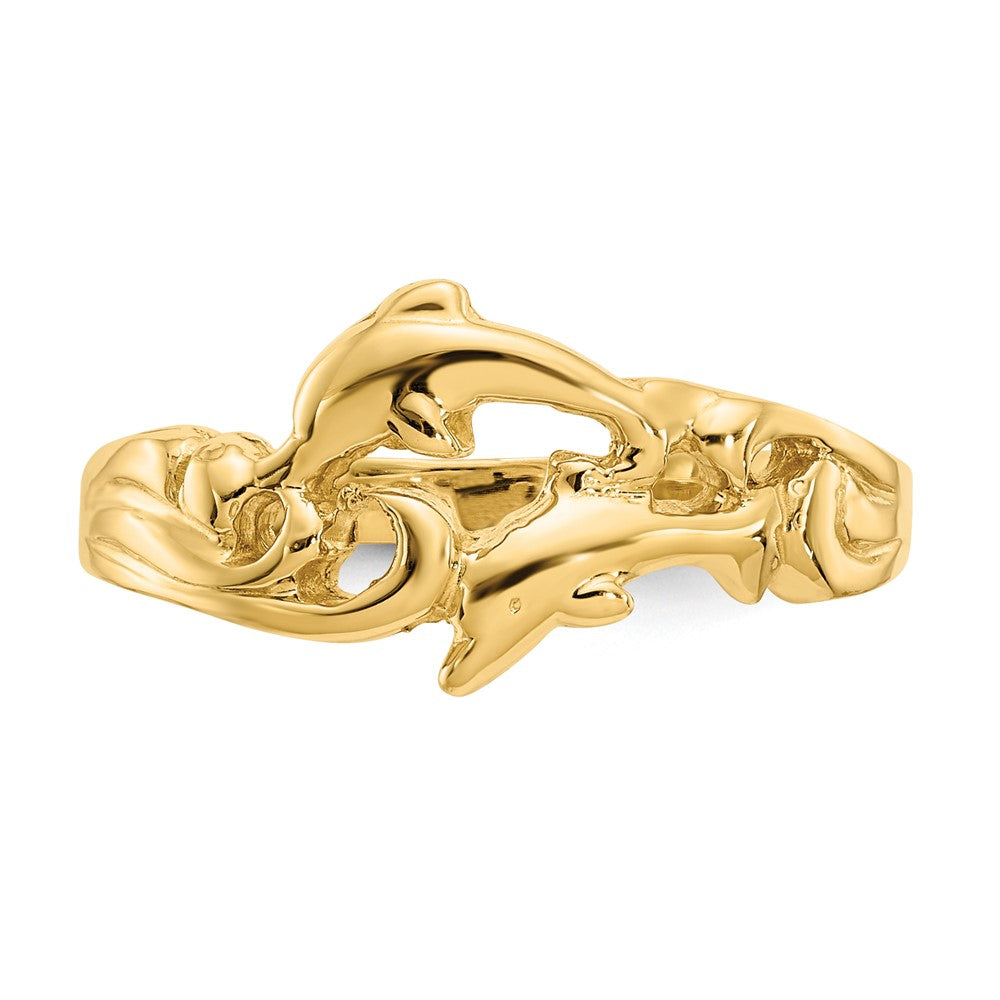 14K Yellow Gold Double Dolphins with Waves Ring