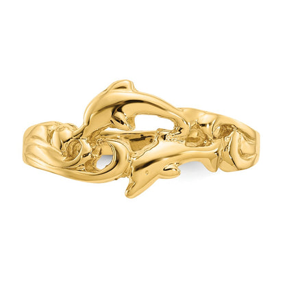 14K Yellow Gold Double Dolphins with Waves Ring