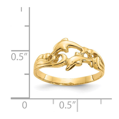 14K Yellow Gold Double Dolphins with Waves Ring
