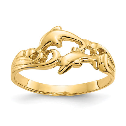 14K Yellow Gold Double Dolphins with Waves Ring