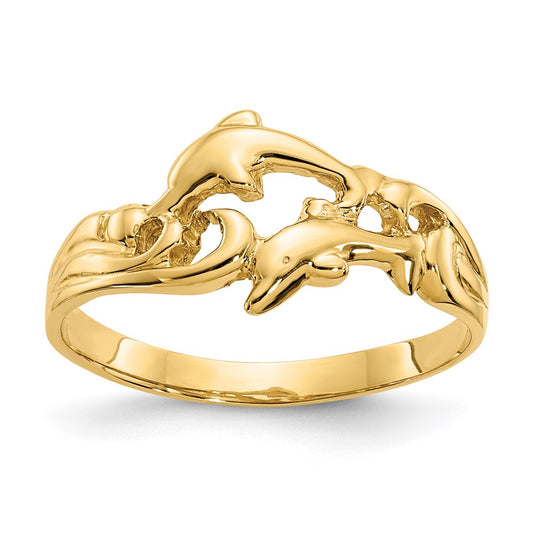 14K Yellow Gold Double Dolphins with Waves Ring