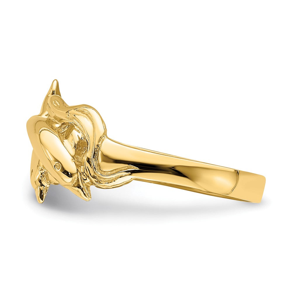 14K Yellow Gold Double Dolphins Jumping in Waves Ring