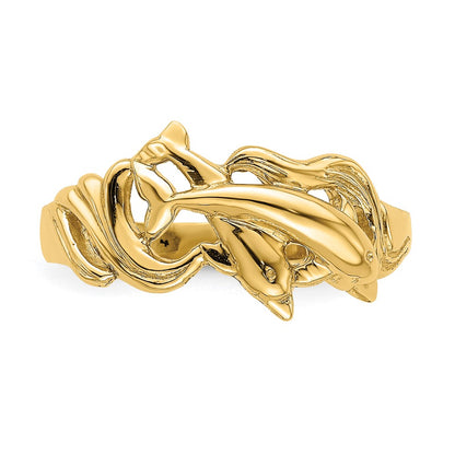 14K Yellow Gold Double Dolphins Jumping in Waves Ring
