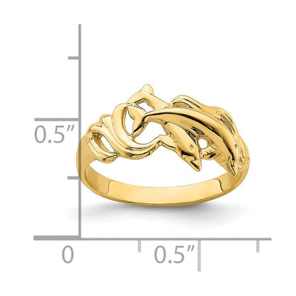 14K Yellow Gold Double Dolphins Jumping in Waves Ring