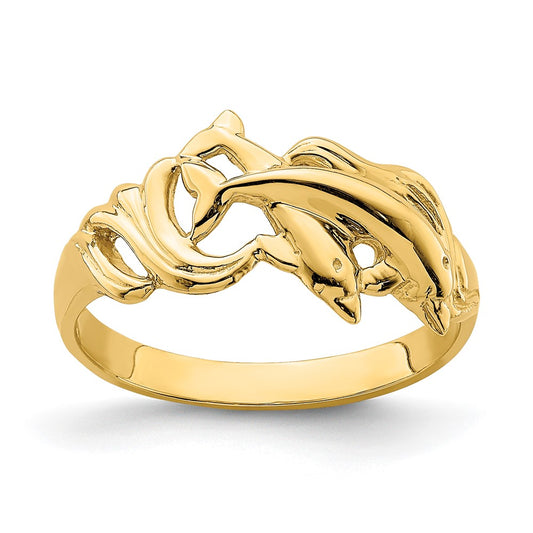 14K Yellow Gold Double Dolphins Jumping in Waves Ring