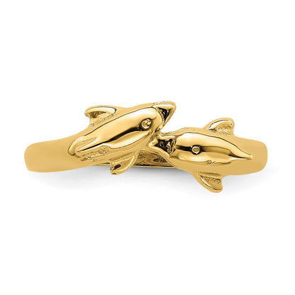 14K Yellow Gold Dolphin Kissing Dolphin Ring
