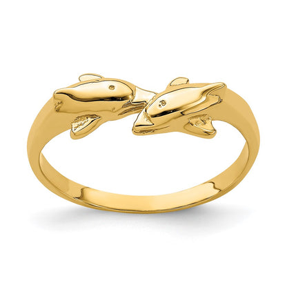14K Yellow Gold Dolphin Kissing Dolphin Ring