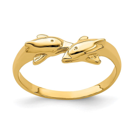 14K Yellow Gold Dolphin Kissing Dolphin Ring