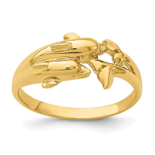 14K Yellow Gold Double Dolphins Ring