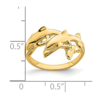 14K Yellow Gold Double Dolphins Swimming Ring