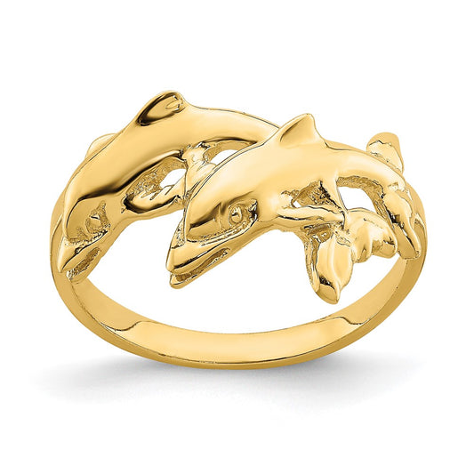 14K Yellow Gold Double Dolphins Swimming Ring