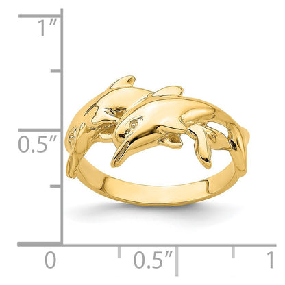 14K Yellow Gold Polished Double Dolphin Ring