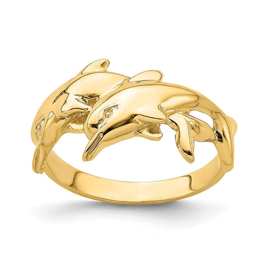 14K Yellow Gold Polished Double Dolphin Ring