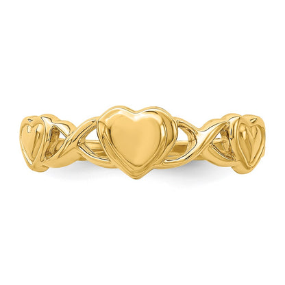 14K Yellow Gold Triple Heart Band Ring