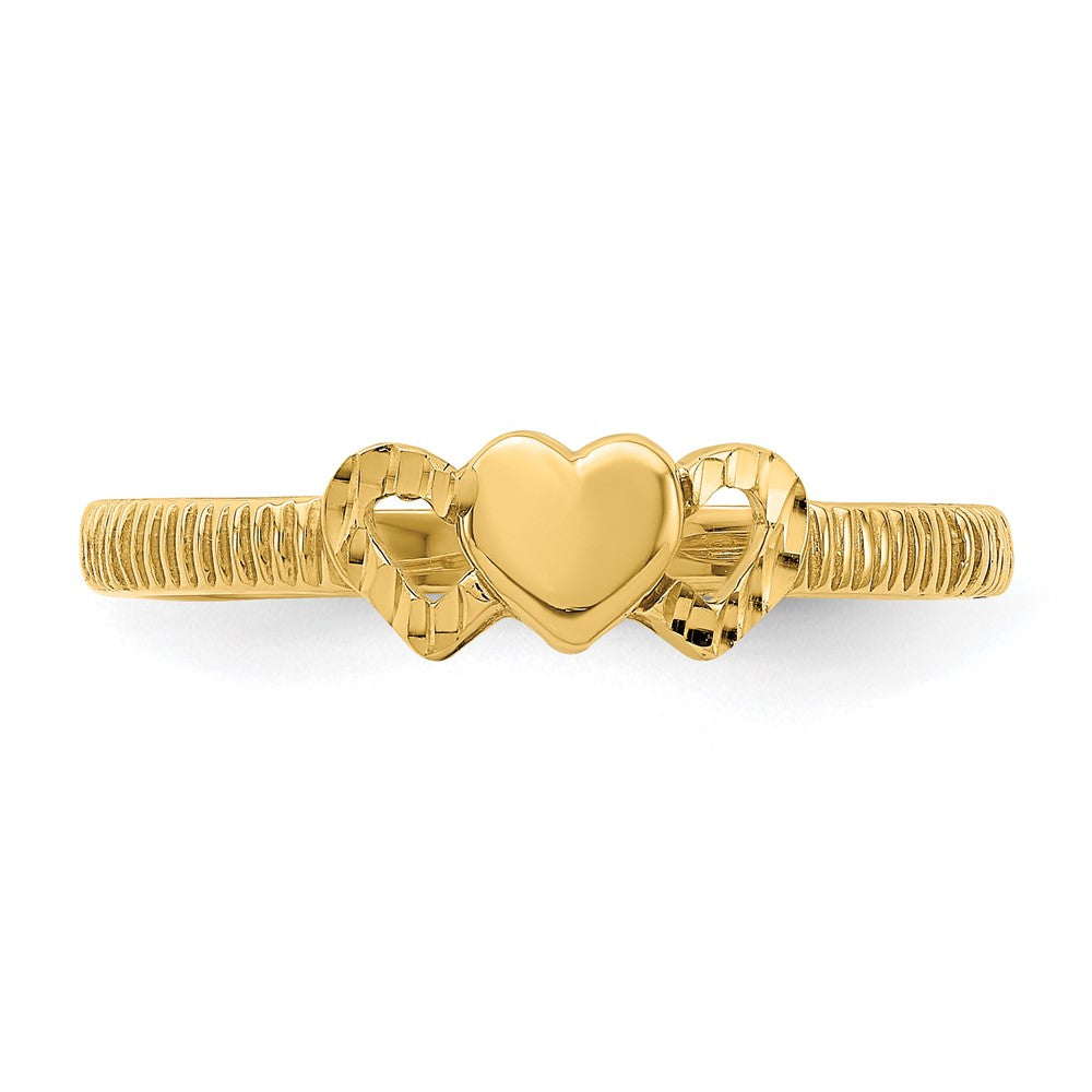 14K Yellow Gold Solid Heart with Diamond-cut Hearts Ring