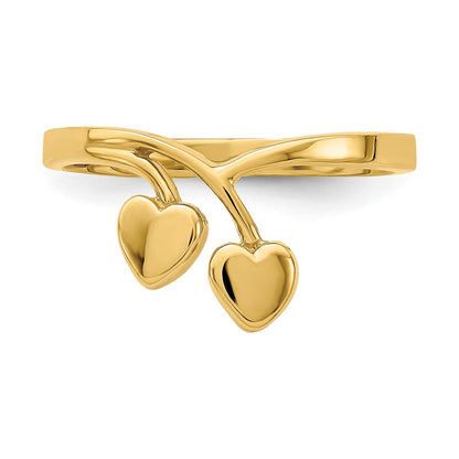 14K Yellow Gold Double Heart Drop V Ring