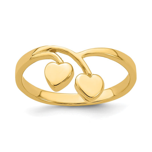 14K Yellow Gold Double Heart Drop V Ring