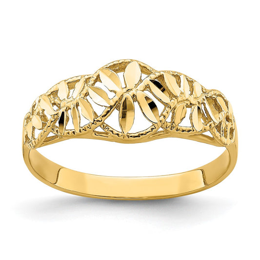 14K Yellow Gold Diamond-cut Cut-Out Vine and Leaf Design Dome Ring
