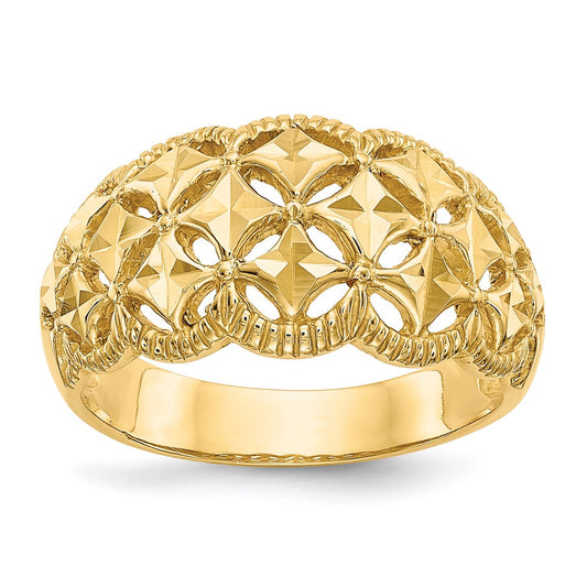 14K Yellow Gold Diamond-cut Scalloped Edge Pattern Dome Ring