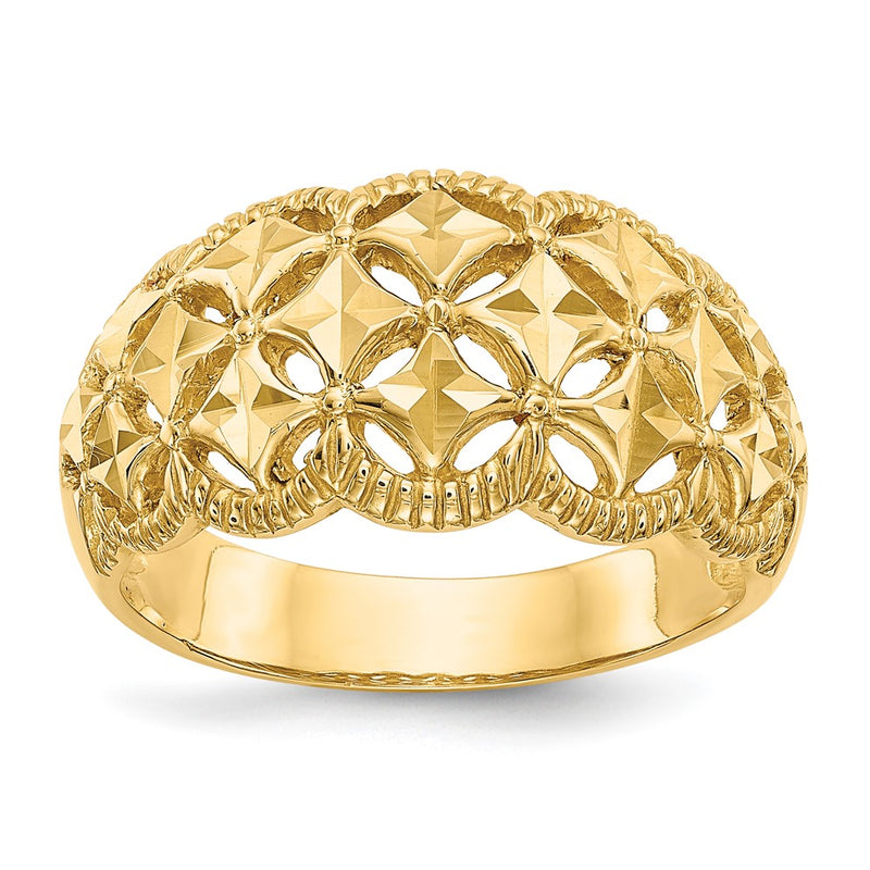 14K Yellow Gold Diamond-cut Scalloped Edge Pattern Dome Ring