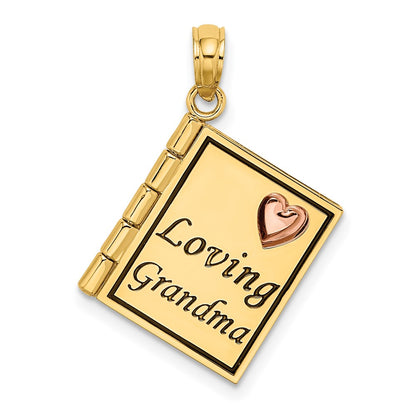 14k Two-tone Gold 3D Enameled LOVING GRANDMA Book Pendant