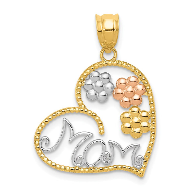 14k Tri-Color Gold Tricolor MOM & Flowers Pendant