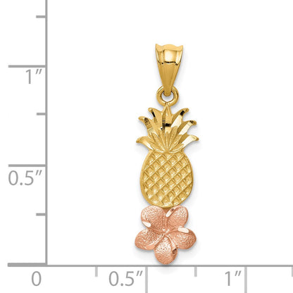 14k Two-tone Gold Yellow and Rose Gold Pineapple W/ Plumeria Pendant