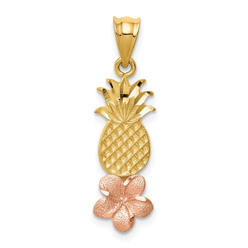14k Two-tone Gold Yellow and Rose Gold Pineapple W/ Plumeria Pendant