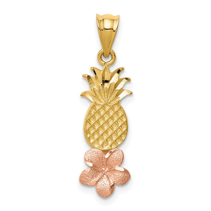 14k Two-tone Gold Yellow and Rose Gold Pineapple W/ Plumeria Pendant