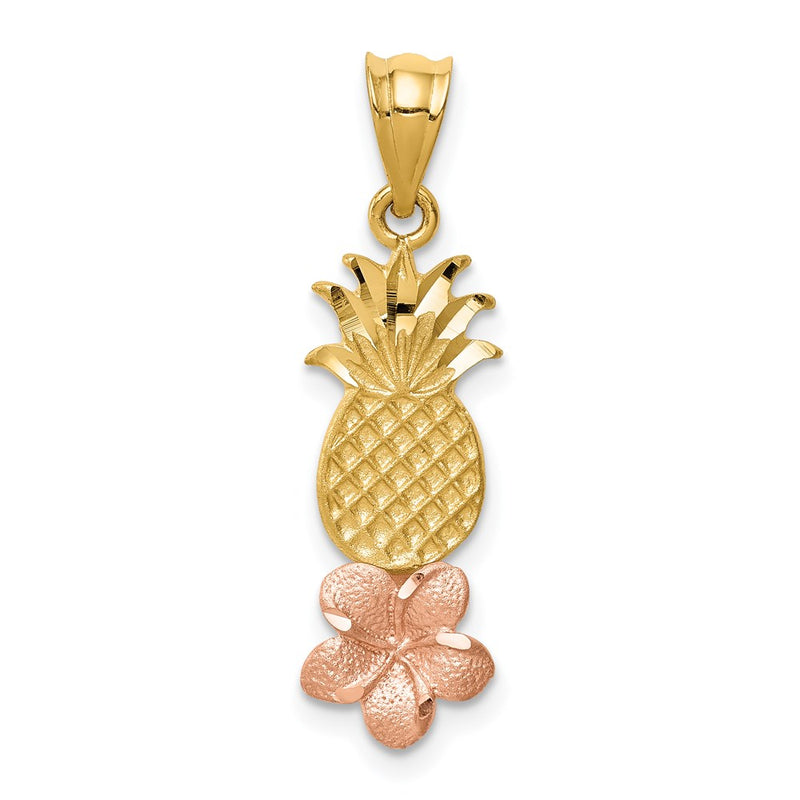 14k Two-tone Gold Yellow and Rose Gold Pineapple W/ Plumeria Pendant