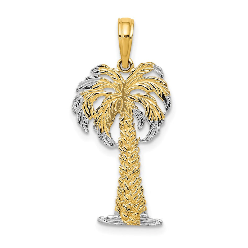 14k Yellow & Rhodium Gold w/ Rhodium Polished And Textured Palm Tree Pendant