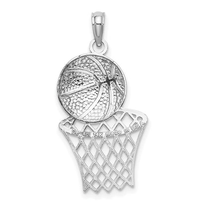 14k White Gold Diamond-Cut Basketball and Net Charm