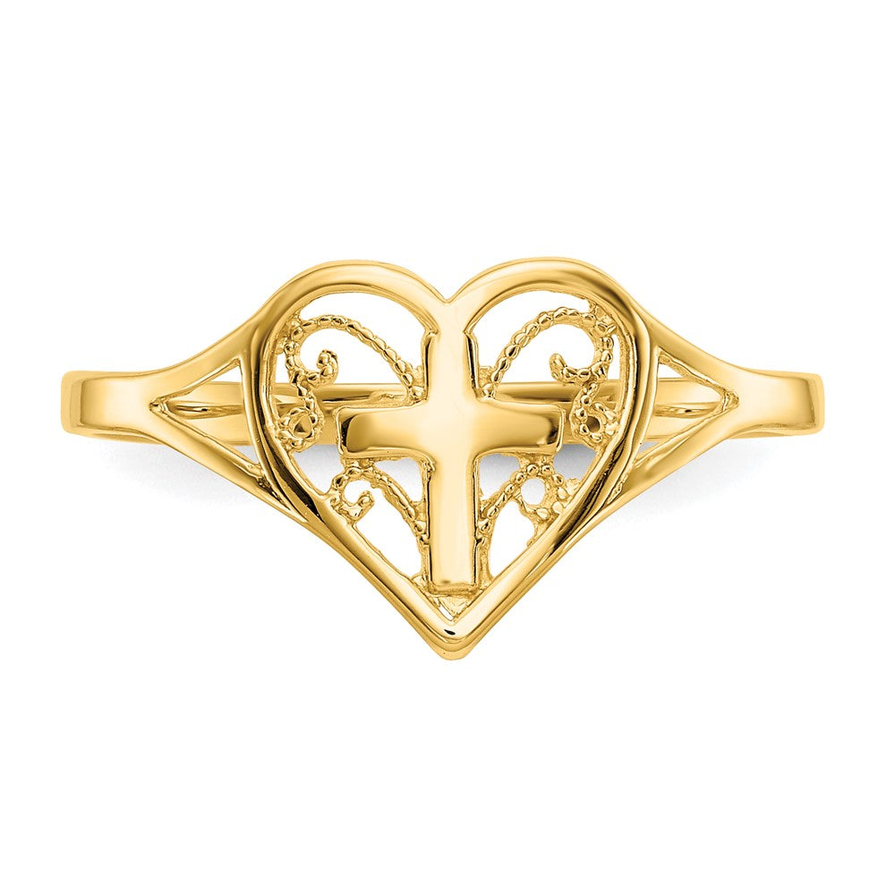 14K Yellow Gold Polished Heart w/ Cross Ring