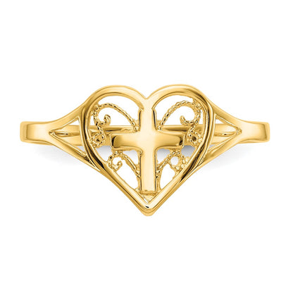 14K Yellow Gold Polished Heart w/ Cross Ring