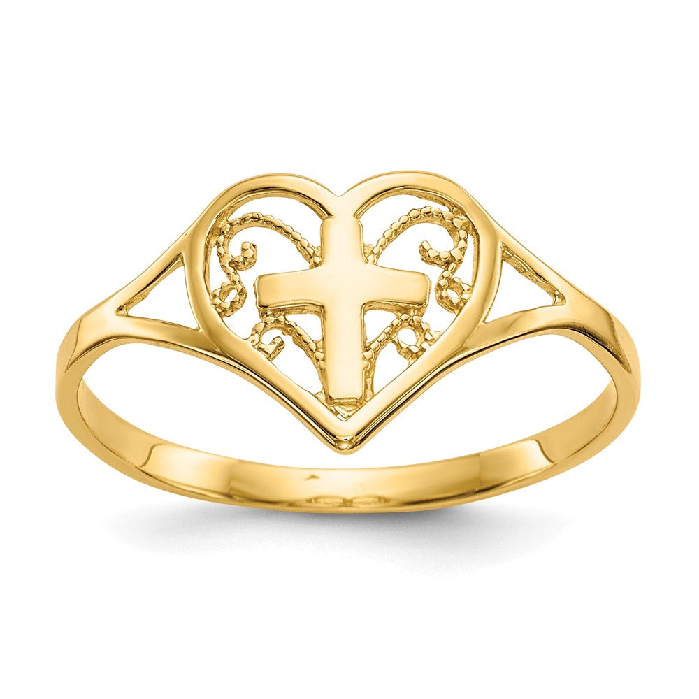 14K Yellow Gold Polished Heart w/ Cross Ring