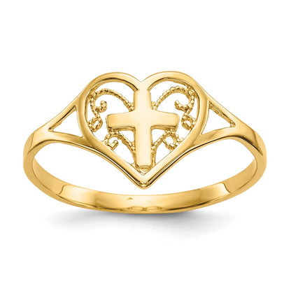 14K Yellow Gold Polished Heart w/ Cross Ring
