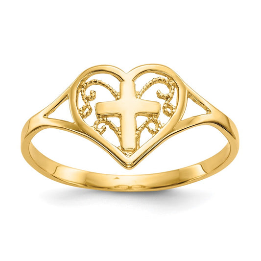 14K Yellow Gold Polished Heart w/ Cross Ring