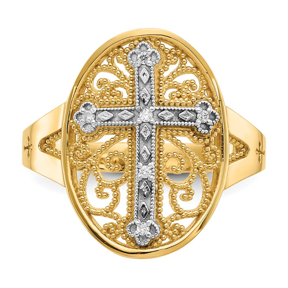 14k Yellow & White Gold Real Diamond Filigree Cross Ring