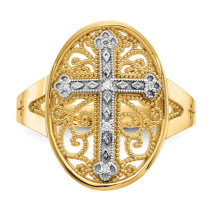 14k Yellow & White Gold Real Diamond Filigree Cross Ring