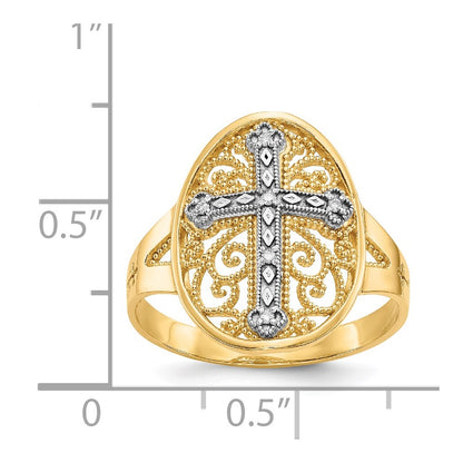 14k Yellow & White Gold Real Diamond Filigree Cross Ring