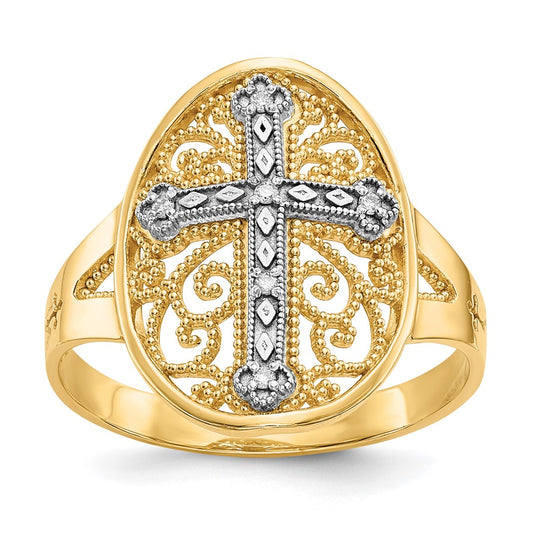 14k Yellow & White Gold Real Diamond Filigree Cross Ring