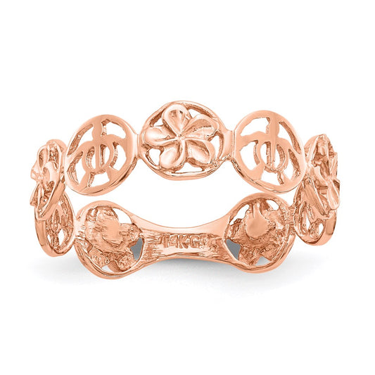 14K Rose Gold Plumeria Flower & Turtle Ring